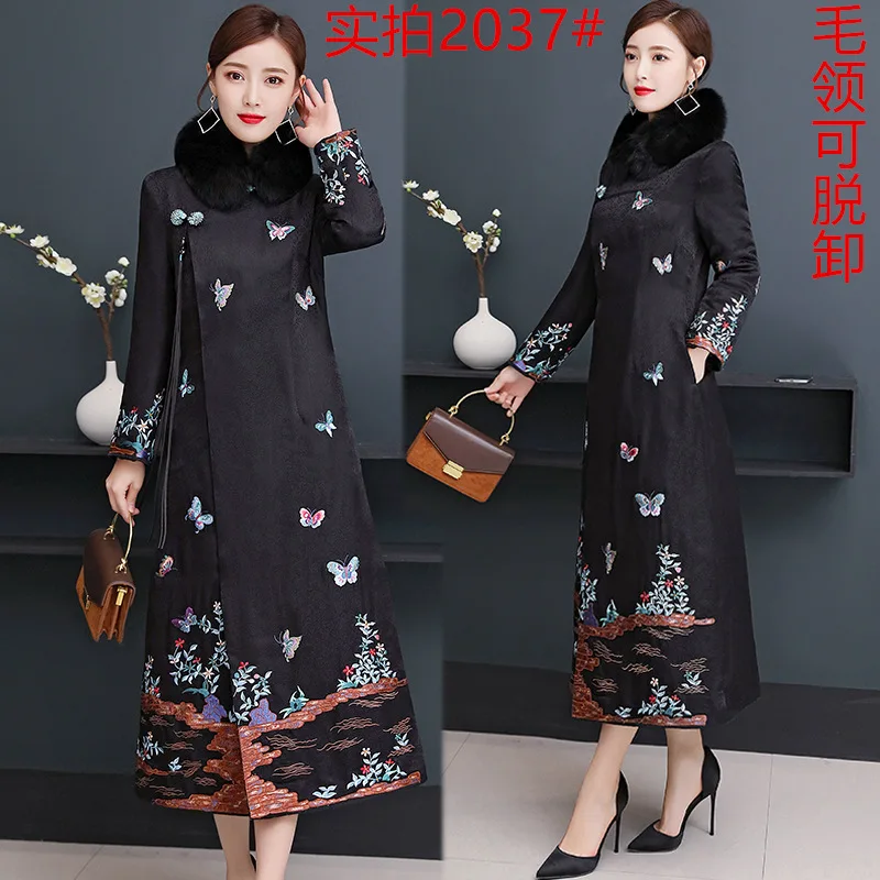

National Wind Cotton Coat Women's Mid-length Retro 2019 Winter New Style Printed over-the-Knee Slim Fit Chinese-style Cotton Ove