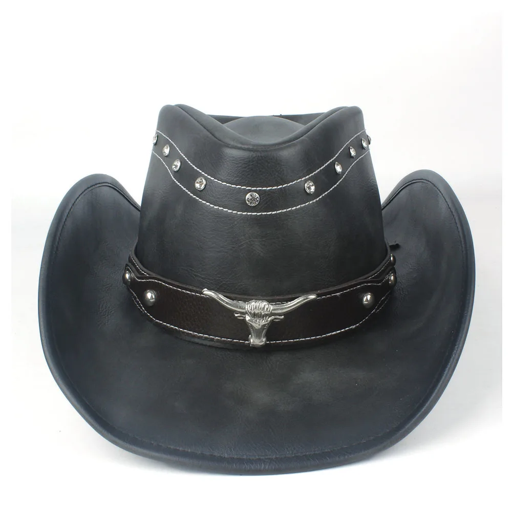 Мужская и женская кожаная западная ковбойская шляпа, зимняя уличная дорожная верхняя черная джазовая сомбреро, Женская ковбойская шляпа, размер 58-59 см, Черная