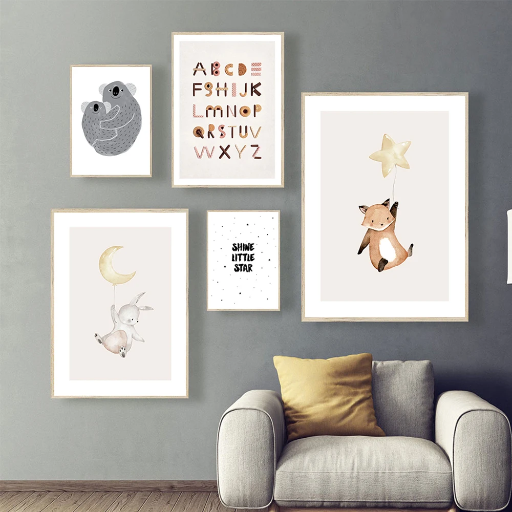 

Cartoon Letter Animal Poster And Prints Little Star Moon Canvas Painting Wall Art Picture Living Room Kid's Bedroom Nursery Deco