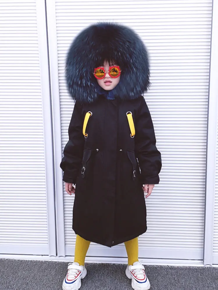 Новинка года, парки с натуральным мехом для мальчиков и девочек зимняя детская куртка Xlong пальто с капюшоном из натурального меха енота Съемная подкладка из кроличьего меха