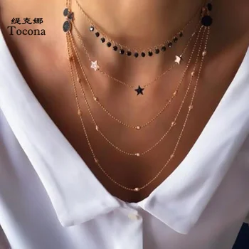 

Tocona Luxury Charming Multi-layer Gold Chain Necklace for Women Exquisite Star Crystal Stone Jewelry Accessories 8655