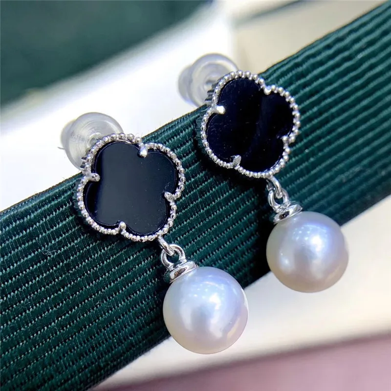 silver Серьги из серебра 925 пробы, черные драгоценные камни, четырехлистный клевер, серьги из натурального пресноводного жемчуга, модные цветы, компактные, антиаллергенные - Окраска металла: silver
