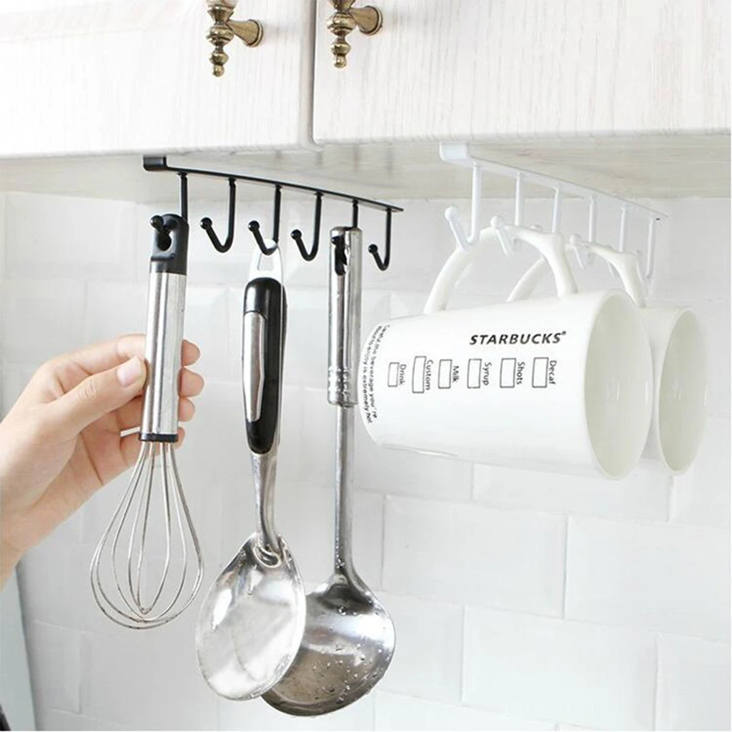 6 Hook Mug Holder Under Shelf Mug Hooks Rack Hanger Coffee Cup Holder for Kitchen Home Bathroom Living Room Organizer