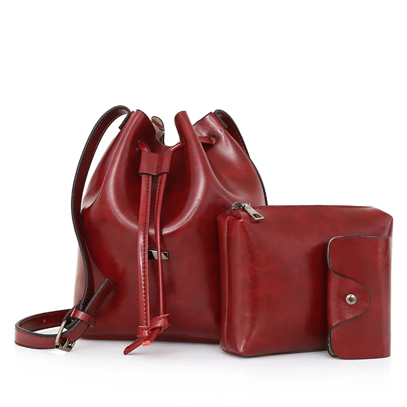 

Bucket WOMEN'S Bag 2017 Europe And America WOMEN'S Fashion Handbag Oil Wax Leather Handbag Three-piece Set Women's Crossbody Bag