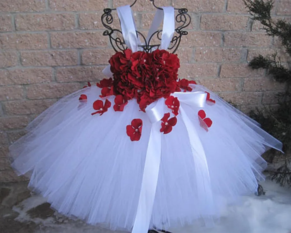 Girls White Tutu Dress Kids Tulle Dress Red Petals Flower Ribbon Bow Children Birthday Bridal Wedding Costume