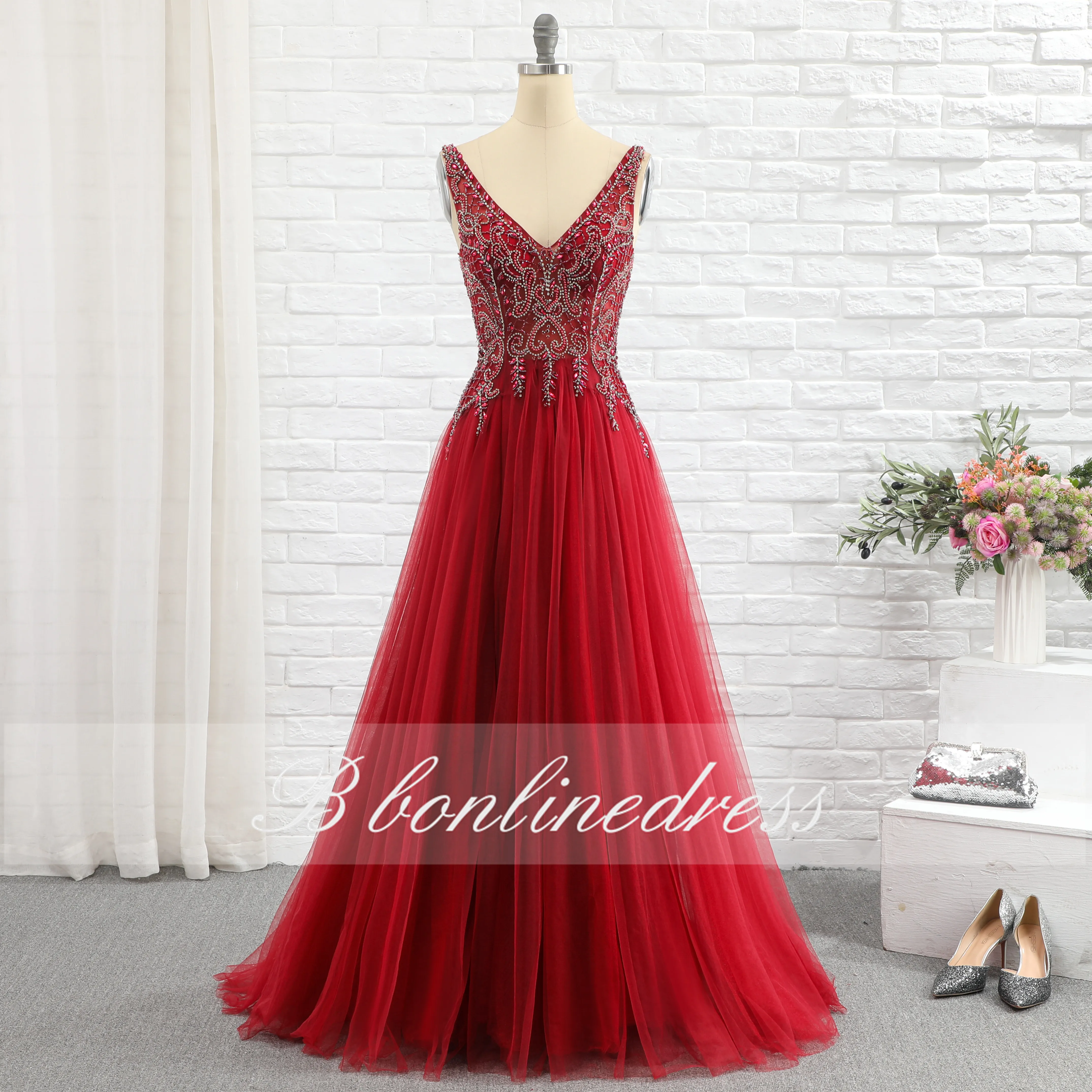 

Bbonlinedress Tulle Evening Dresses Long Women Party Wear Crystal Beaded V Neck Formal Prom Gowns abendkleider 2020