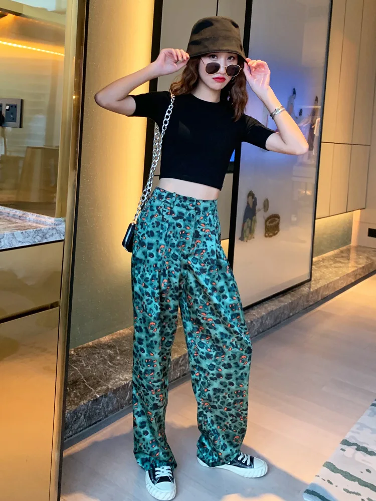 work trousers Leopard Print High Waist Wide Leg Pants Women Satin Mopping Pants Spring Autumn Drape Loose Casual Straight Thin Trousers Bottom chino pants