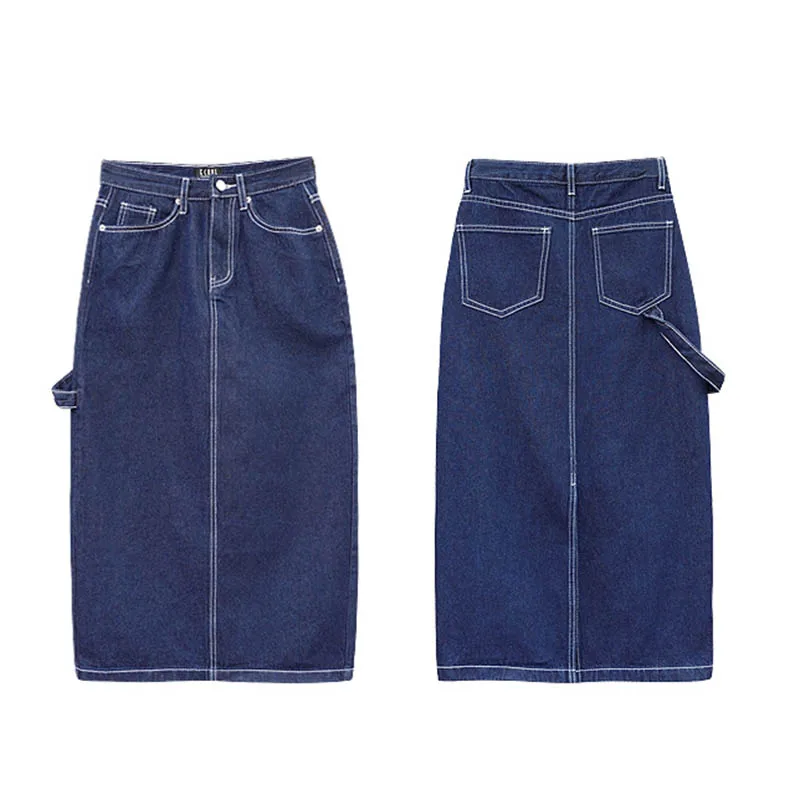 Раздельные длинные джинсовые юбки, женские элегантные джинсовые юбки с карманами, осенние корейские винтажные сексуальные макси юбки с запахом, большие размеры, повседневные V632 - Цвет: Синий