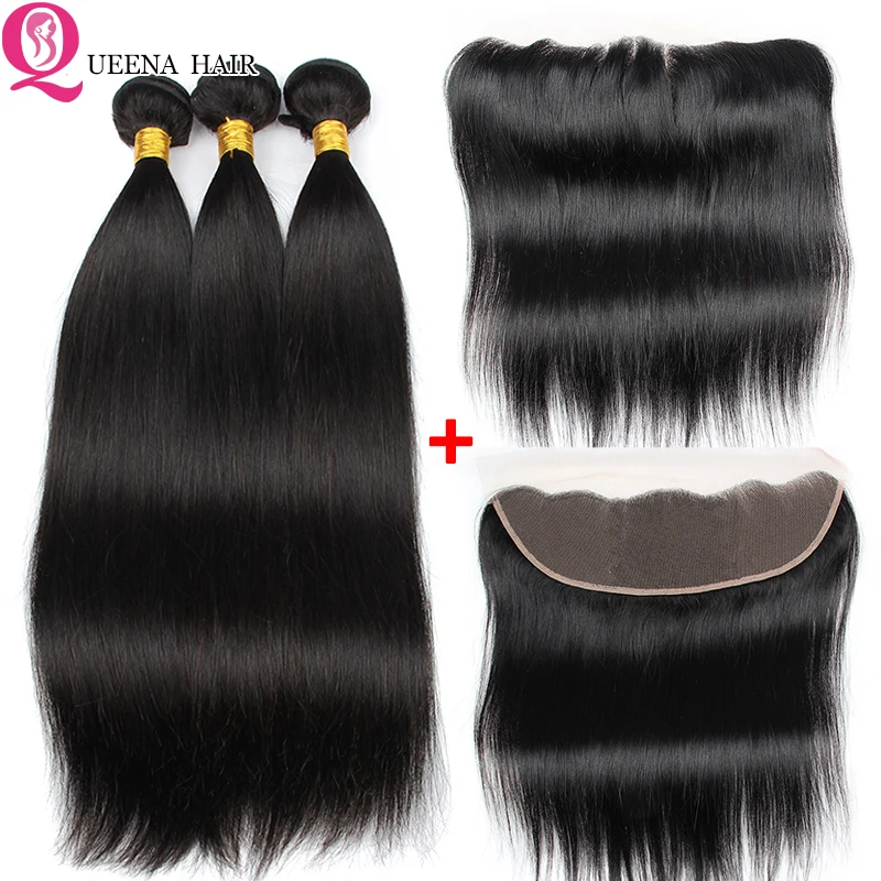 

Queena Straight Bundles With Frontal Closure Peruvian Human Hair Bundles With Lace Frontal Pre Plucked Frontal And Bundles Remy