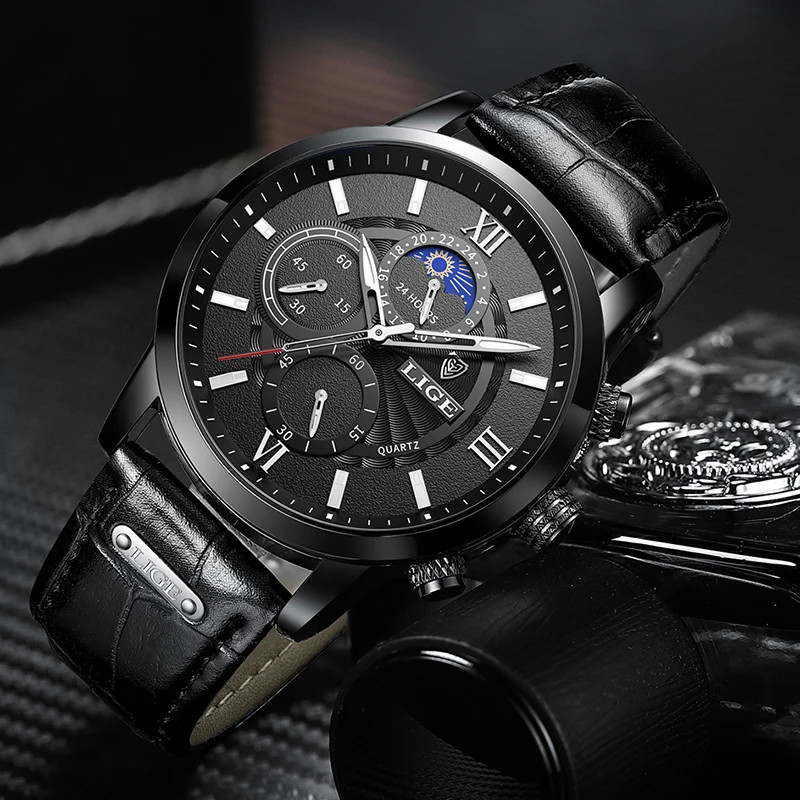 LIGE New Men Watch Waterproof Quartz Mens Watches Chronograph Sport Wristwatch Leather Business Male Clock Black Watch With Box