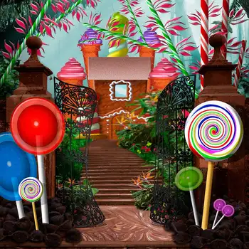 

Chocolate Factory Wonka Birthday Candy Cottage Door Staircase Background Vinyl Cloth Computer Print Party Backdrops