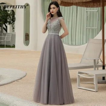

BEPEITHY Gray Evening Dresses Long Luxury 2020 Elegant Dubai Arabic Crystal A-Line Formal-Party Gown For Plus Size Women New
