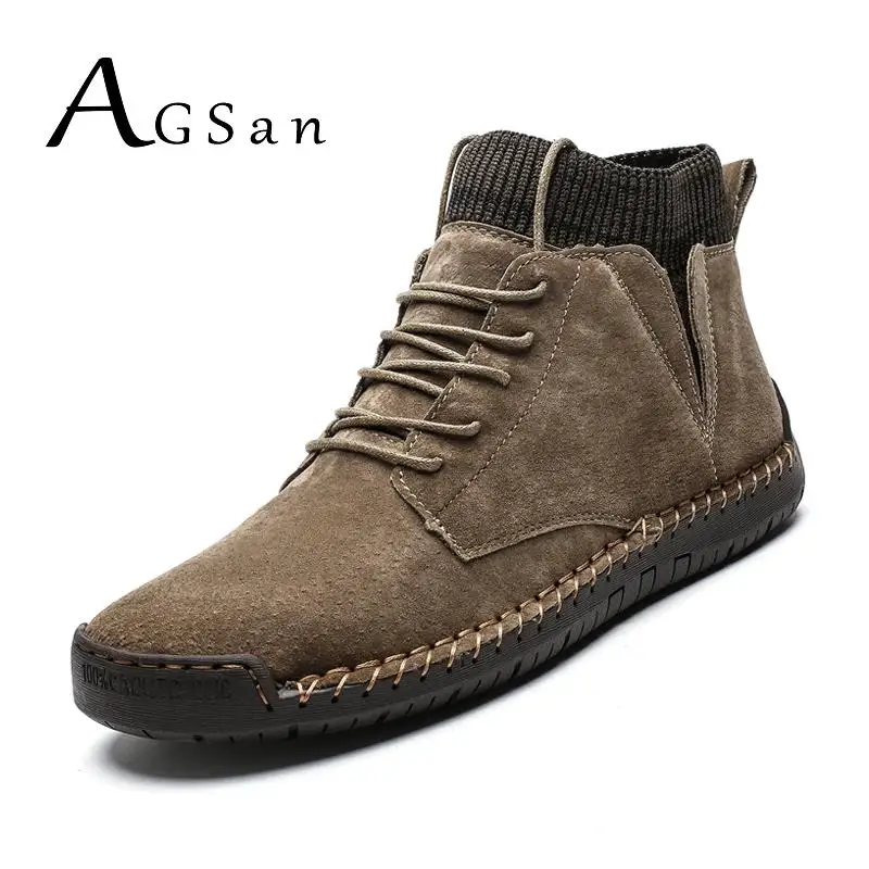 

AGSan Handmade Men Winter Boots Split Leather Plush Boots Ankle Boots Vintage Winter Shoes for Men Big Size 38-48 Green Boots
