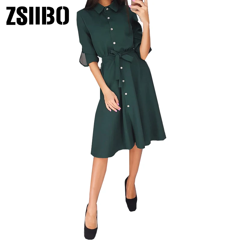 ZSIIBO, повседневное офисное платье,, пояс, лацканы, пуговица, одноцветное платье, длина до колена, простой модный кардиган, платье