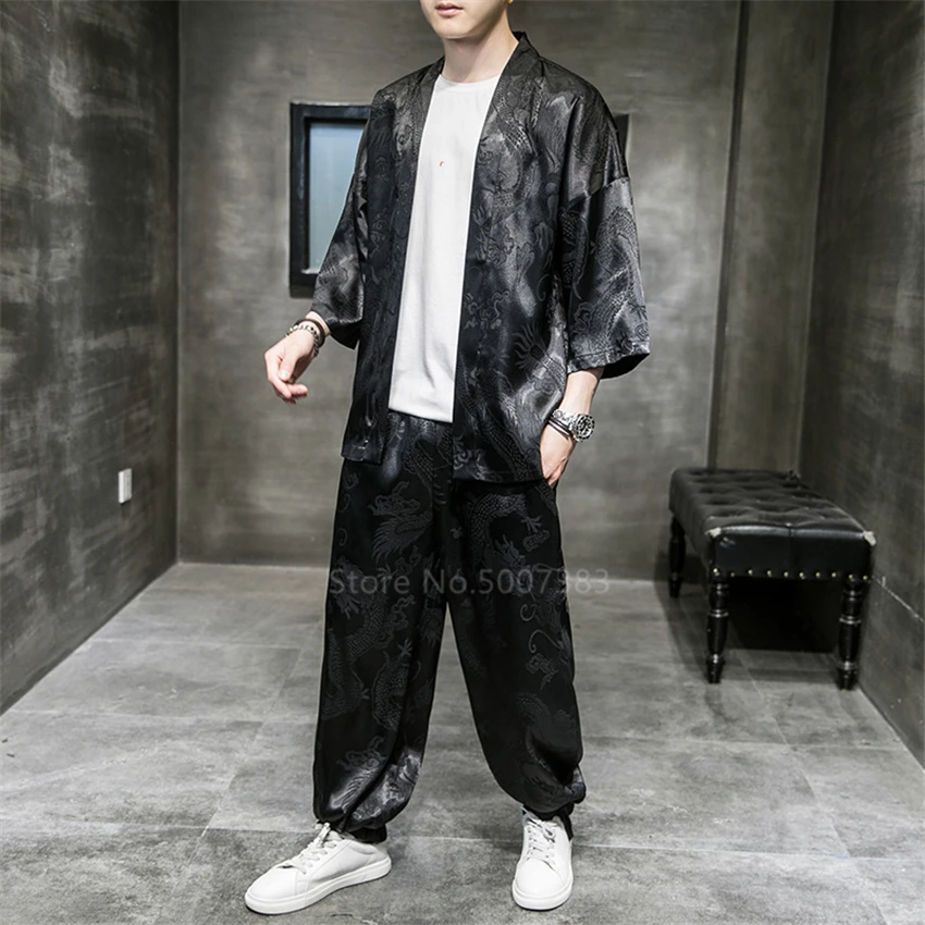 Japanese Kimono Male Japanese Style Kimono Set Fashion Harajuku Summer Streewear Silk Dragon Embroidery Casual Haori Chinese Kung Fu Uniforms japanese kimono,japanese kimono shirt,martial arts uniform