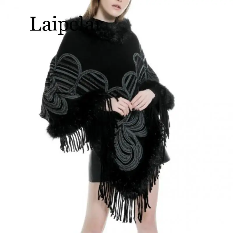 2019 Winter Women Long Triangle Faux Cashmere  Round pattern Sweater Shawl Knitted Poncho Cape Fur Loose Pullover