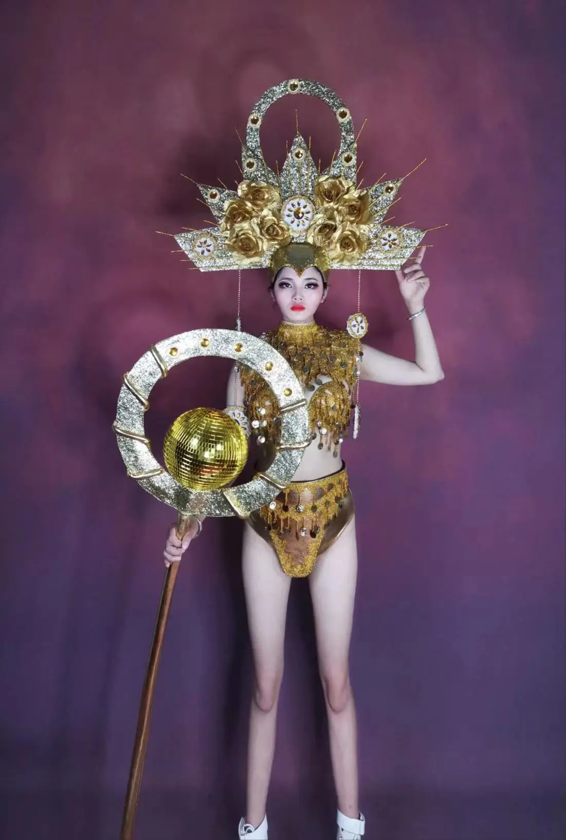 Gold Sun goddess cosplay costume sexy women gogo nightclub bar stage show  wear golden bikini headwear set