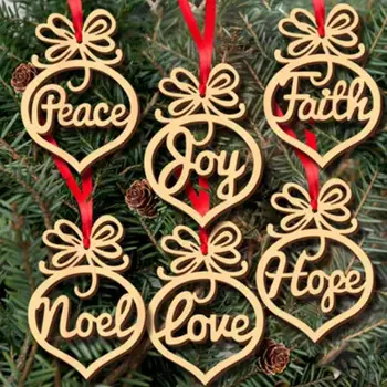 6Pcs Christmas Wooden Letter Hollow Xmas Tree Hanging Ornaments Craft Pendant Peace Joy Faith Noel Love Hope for Christmas Decor