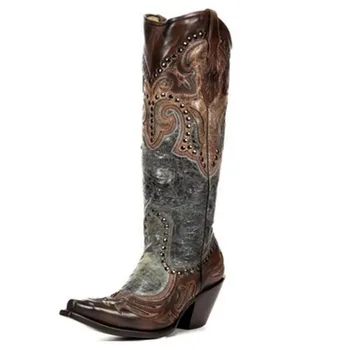 

Western Cowboy Boots, Ethnic Style Carved Knight Boots Embroidered Rivet Mid-tube Women's Boots, High-heeled Retro Square Heel