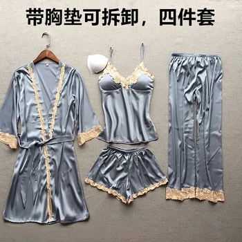 

FZSLCYIYI Silk Pajamas For Women Sexy Lace Trimmed Nightwear Satin Pajamas With Shorts 4-Piece Sleepwear Suits Casual Home Cloth