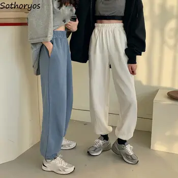 

Women Pants Solid High Elastic Waist Thicken Harem Trousers Stretchy Loose Velvet Pockets Couple All-match Korean Style Students