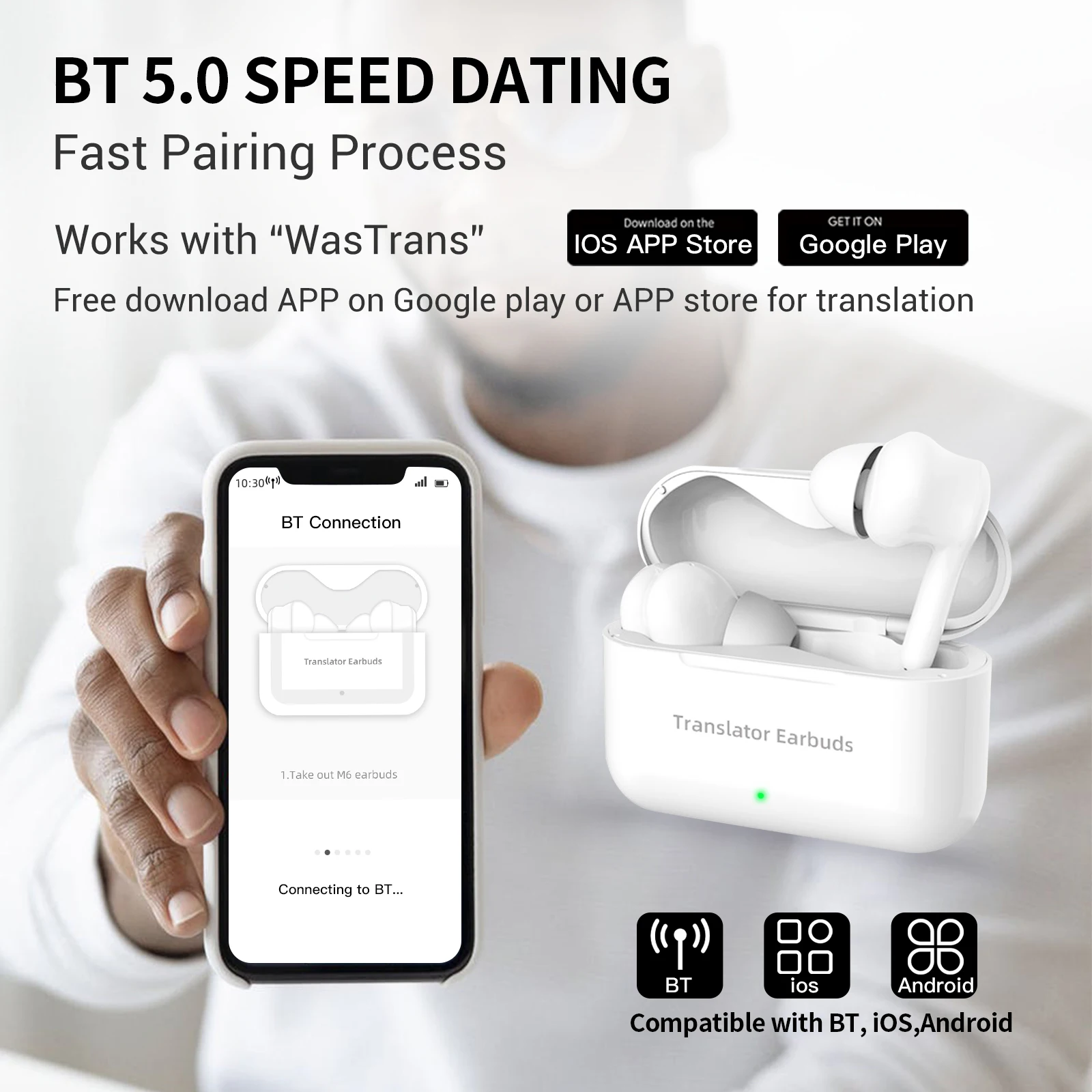 Wireless Translator Earbuds BT Headphones Ear Buds with Microphones Charging Case Support Real-time Translation in 71 Languages wireless earbuds,translator earbuds,translator earphones,translation headset