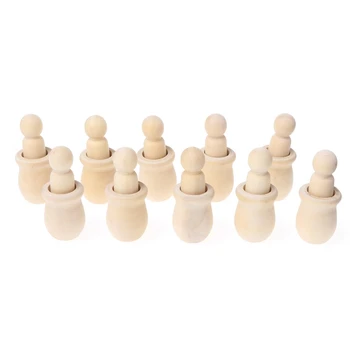 

10Pcs People Nesting Set Wooden Peg Dolls Unfinished DIY Decor For Paint Stain 57BB
