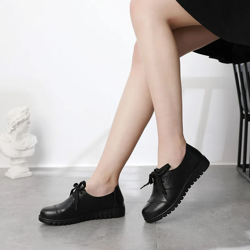 

2019 Spring New Style Flat Genuine Leather Mom Shoes Soft Bottom Is Comfortable And Lace-up Shoes Middle-aged Work WOMEN'S Shoes
