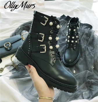 

Ankle Booties New Boots Women Pearl Women Shoes Fashion Mortorcycle Boots Lace-up Bota Feminina Buckle Botas Mujer Punk Boots