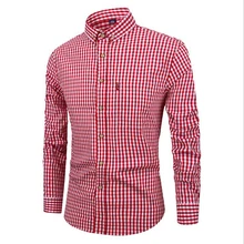 Мужская клетчатая рубашка в полоску из хлопка и полиэстера, мужская повседневная рубашка с длинным рукавом и отложным воротником красного цвета