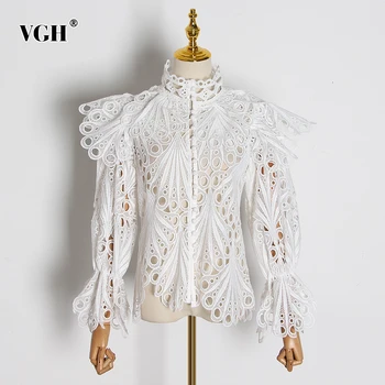 

VGH Vintage Hollow Out Ruffle Shirt Female Turtleneck Flare Long Sleeve Embriodery Blouse Women Fashion 2020 Spring Clothing New