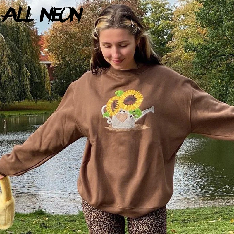

ALLNeon Indie aesthetics Sunflower Graphic Crewneck Brown Tops Y2K Fashion Oversized Long Sleeve Sweatshirts 90s Streetwear Fall