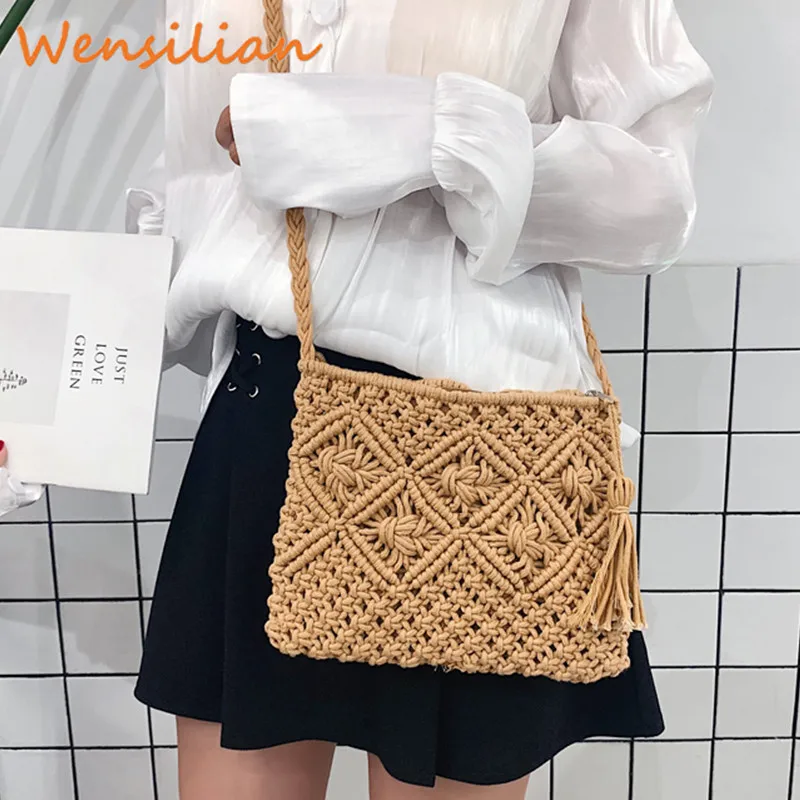 

Rattan Straw Bag Handbags Clutch For Women's Cotton Woven Casual Fashion Bohemian Ladies Elegance Female 2019 Torebka Damska