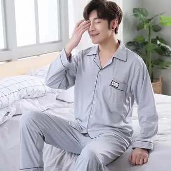

Long Sleeve Pure Cotton Spring Youth Less Middle-aged And Autumn Men Thin Homewear Set 3902 Pajamas