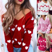 

2021 Autumn and Winter Women's Sweater Casual V-neck Love Strapless Hollow Sexy Knitted Sweater
