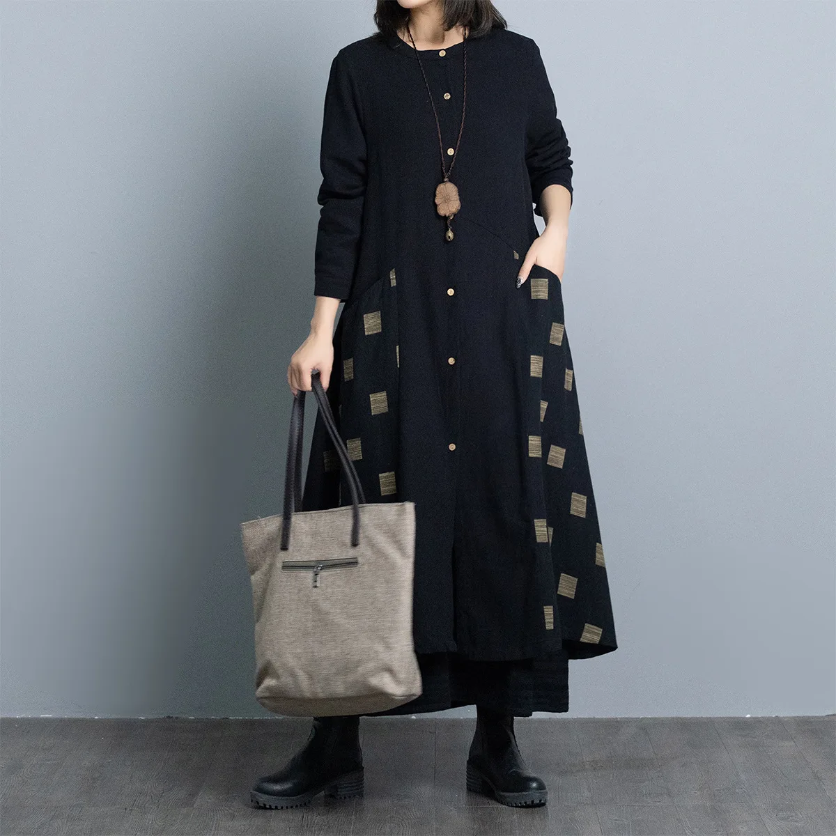 

2019 Autumn Clothing New Style Korean-style Trend Literature And Art Cotton Linen Printed Trench Coat Fat Mm Slimming Comfortabl