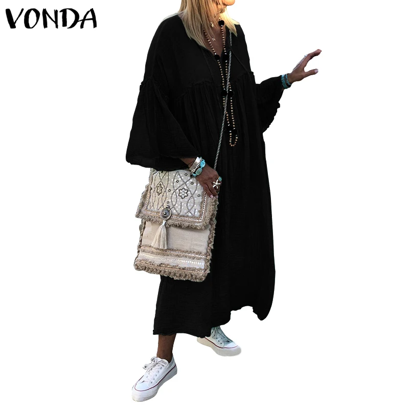 Макси платье для беременных VONDA летнее сексуальное платье с v-образным вырезом и длинными рукавами для вечеринок повседневное свободное пляжное открытое легкое платье 5XL Vestidos - Цвет: Черный