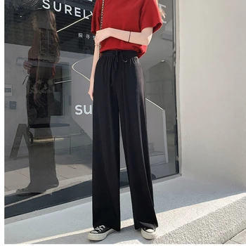 

Women High Waist Thin Pants Casual Spring Summer Wide Leg Ice Silk Trousers