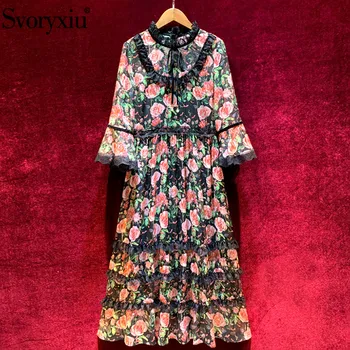 

Svoryxiu Vintage Rose Flower Print Patchwork Black Lace Dress Women's Elegant Flare Sleeve Summer Party Runway Dresses Vestdios