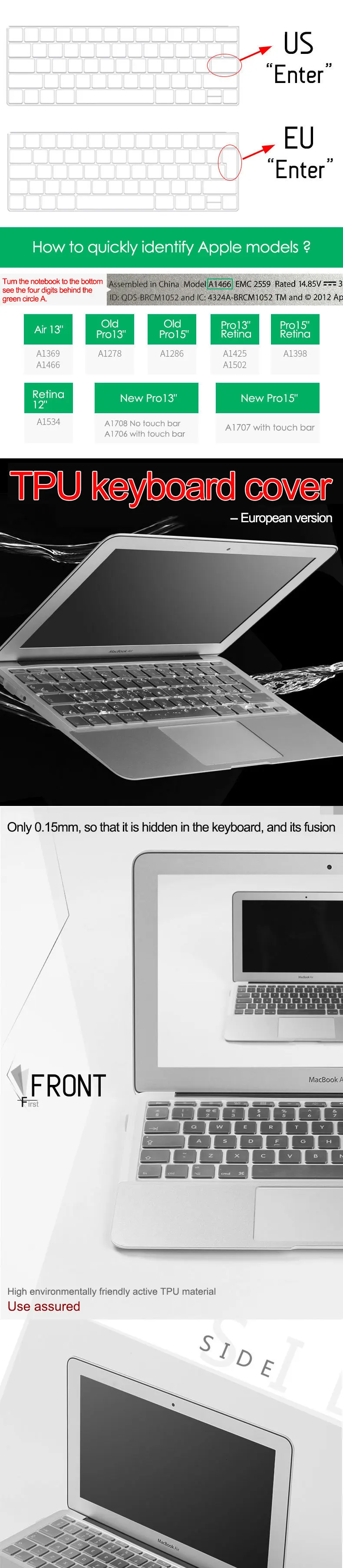 European Version Laptop keyboard cover protector film For Macbook Air Retina Pro touch bar 12" 13" 15" TPU Keyboard membrane