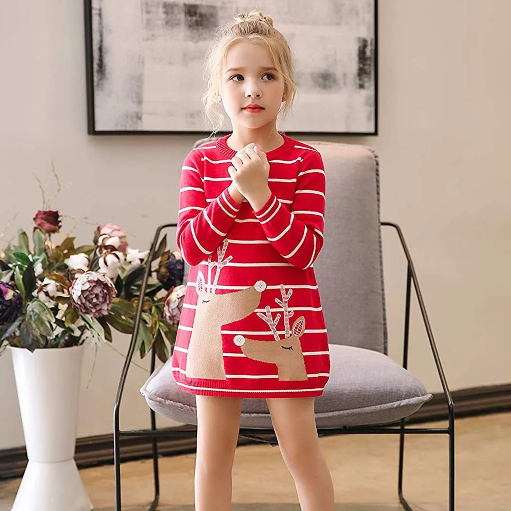 

Kids Dresses For Girls Full Sleeve Santa Deer Stripe Print Dress New Year Costume Princess Dress Kids Christmas Clothes Vestidos