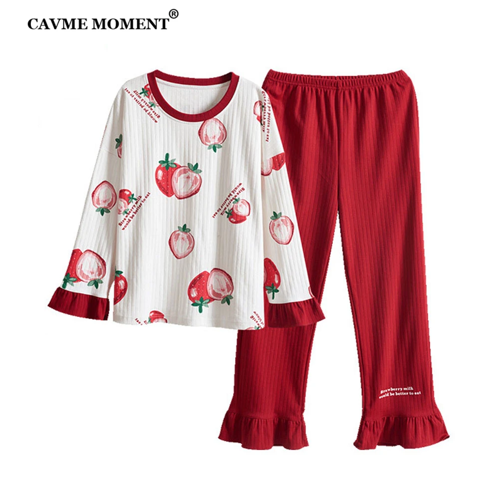 

CAVME Pure Cotton Pajama Sets for Women Homewear 2 Pieces Full Sleeve Pants Spring PLUS SIZE Sleepwear 100KG 4XL Kawai Printing