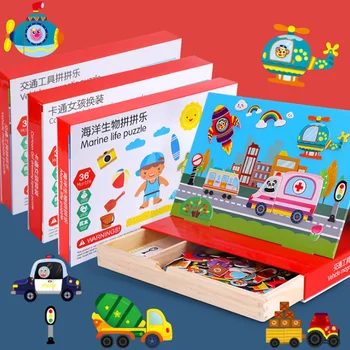 

4 Styles Wooden Magnetic Puzzle Toys Children 3D Puzzle Figure/Animals/ Vehicle /Digital Drawing Board Learning Wood Toys D121