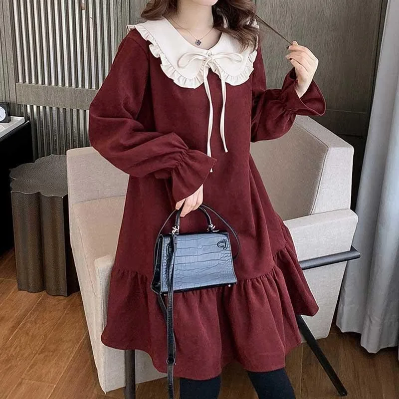 

QWEEK Kawaii Corduroy Dress for Girls Japanese Vintage Cute Ruffle Long Sleeve Dress Red Plus Size Dresses for Women Autumn 2020