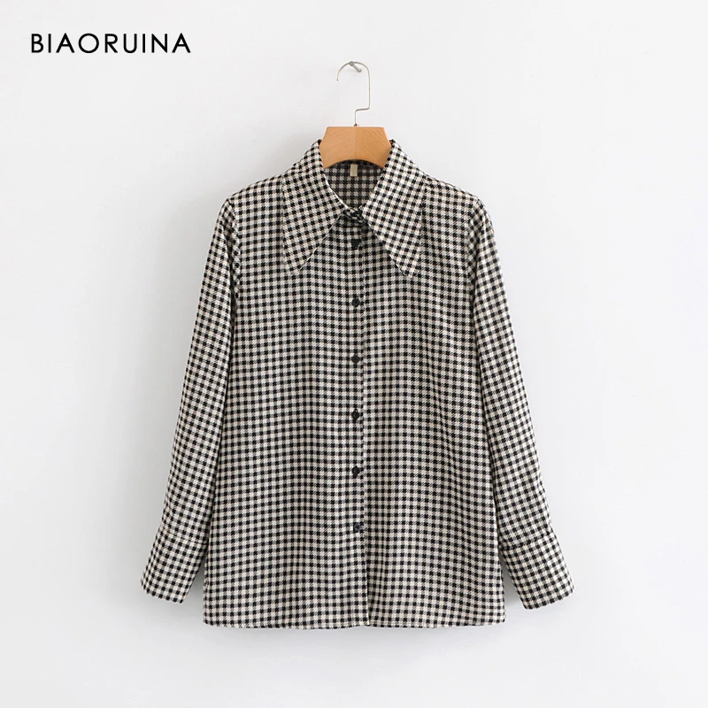 

BIAORUINA Women's Swallow Gird Plaid Loose Straight Shirt Long Sleeve Turn-down Collar Office Lady Fashion High Street Blouse