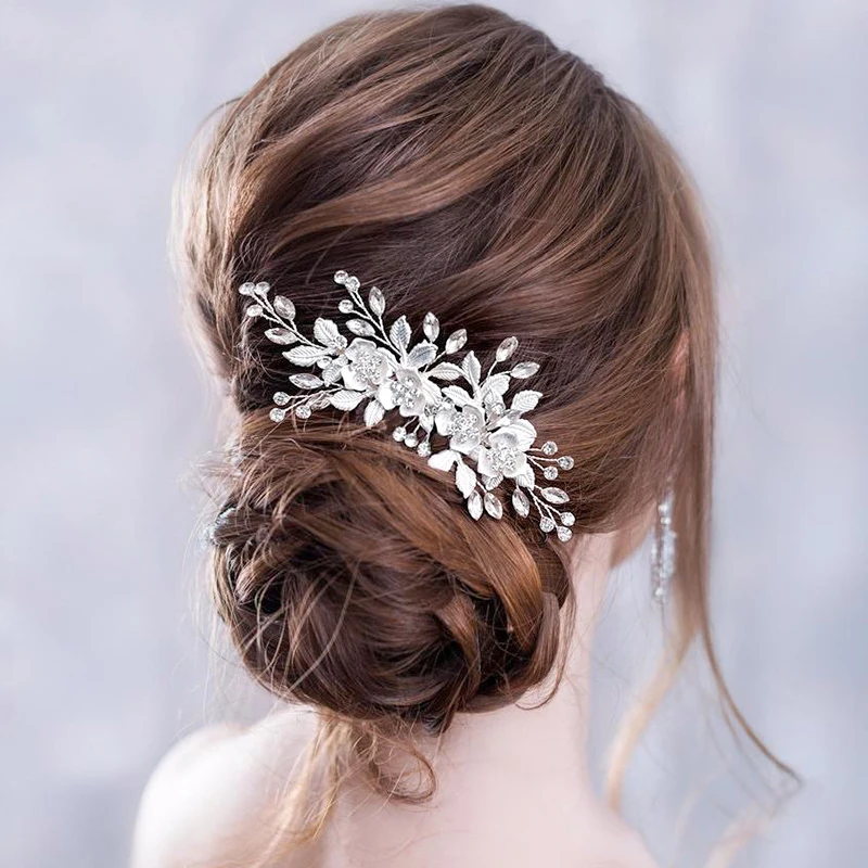 Flower Hair Comb Wedding Hair Accessories Silver Color Rhinestone Headband Bridal Tiara Headband Pins Wedding Jewelry