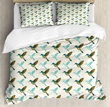 

Bird Duvet Cover Set Continuous Pattern of Colorful Hummingbirds 3 Piece Bedding Set Ivory Dark Seafoam and Multicolor