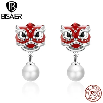 

Lucky Earrings BISAER 925 Silver Red Enamel Happy New Year Dancing Lion Women Drop Earrings Sterling Silver Jewelry EFE333