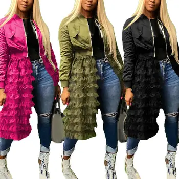 

Jacket Women Long Sleeve zipper dress coat mesh lace Ruffle Patchwork long Jacket