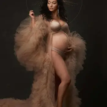 

Long See Through Ruffles Tulle Formal gown Robes Maxi Photoshoot Long Sleeve Orange Tulle Maternity Baby Shower Evening Dresses